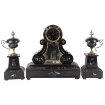 French Antique slate and marble-cased 3-piece clock garniture, with 2-train movement, clock height