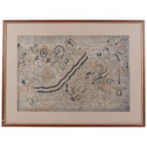 An Antique Japanese coloured woodblock print, depicting an episode from the Tamatori Monogatari,