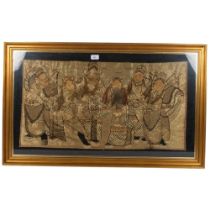 A framed Chinese gold silk thread study of 6 sages, 60cm x 99cm overall