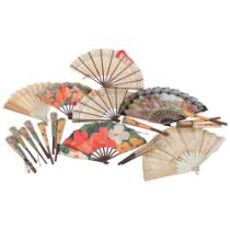 Vintage French souvenir fans with paper screens, 21cm, and various other fans