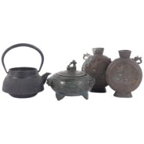 A Japanese Tetsupin iron teapot (lacking lid), a pair of Japanese antimony moon flasks, and a