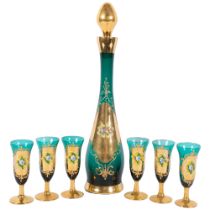 An Italian glass decanter and liqueur glasses, with enamelled and gilded decoration, H42cm