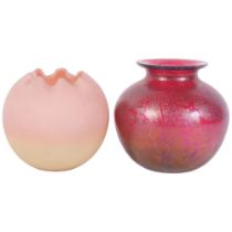 Antique pink satin glass vase with wavy rim, H14cm, and a cranberry glass vase with textured