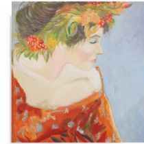 Clive Fredriksson, oil on board, portrait of a young girl with a garland of flowers in her hair,