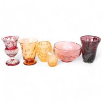 A selection of Art glass pieces, including a Whitefriars pink glass serving bowl, diameter 20cm, a