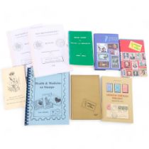 A collection of hard and softback books illustrating a list of postage stamps from around the world,