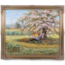 Oil on canvas, landscape scene, a couple seated under a blossoming tree, signed to the bottom