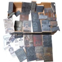 A boxful of Vintage printing blocks, including Gordon's Gin, 18cm x 11cm, with some printed examples