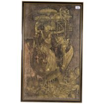 An embossed painted and gilded study of an Eastern dancer, framed, 80cm x 50cm overall