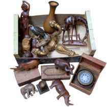 A box of treen items, including carved animals, giltwood candelabrum, boxes, etc