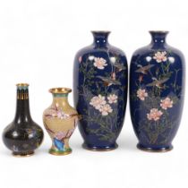 A group of 4 cloisonne vases, various decoration including several floral motifs, birds and dragons,