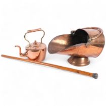 A Victorian copper coal scuttle and kettle, and a Malacca cane with embossed plated knop