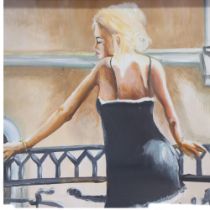 Clive Fredriksson, oil on board, a young lady looking over a balcony, 44cm x 54cm overall, framed