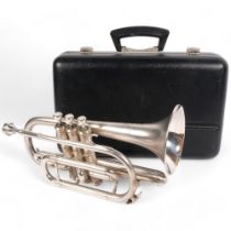 A Boosey & Hawkes silver plated cornet, serial no. 535346, in associated hardshell casing with