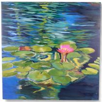 Clive Fredriksson, oil on canvas, study of lake with lily pads, unframed, unsigned, 75cm x 75cm