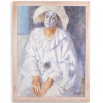 An oil on board, study of a clown with sad facial expression, signed bottom right "Keene 76",