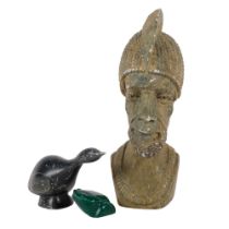 Carved African soapstone bust, 22cm, a malachite frog, and a signed carved stone duck