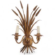 A gilt-metal wall sconce, with floral reed decoration, 2-branch fitting, electric, H40cm