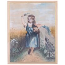 19th century watercolour painting of a child bird scarer, framed, 34cm x 28cm overall