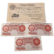 A 1937 white £5 note, and 3 10 shilling notes