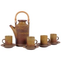 Robin Welch, a 1970s Studio pottery coffee pot and 4 matching coffee cups and saucers, with maker's