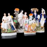 A group of Staffordshire ceramic figurines, all flatback, including several spill vases, largest