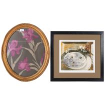 Limited edition print, swimming pool scene, and a study of irises in ornate oval gilt frame, H57cm