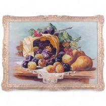 A.W. Edmonds, oil on board, still life, basket of fruit on table, wooden gilt-gesso frame, 43cm x