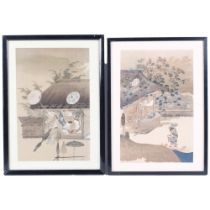 2 Oriental coloured woodblock prints, depicting village scenes, image 30cm x 29.5cm, 37cm x 27cm