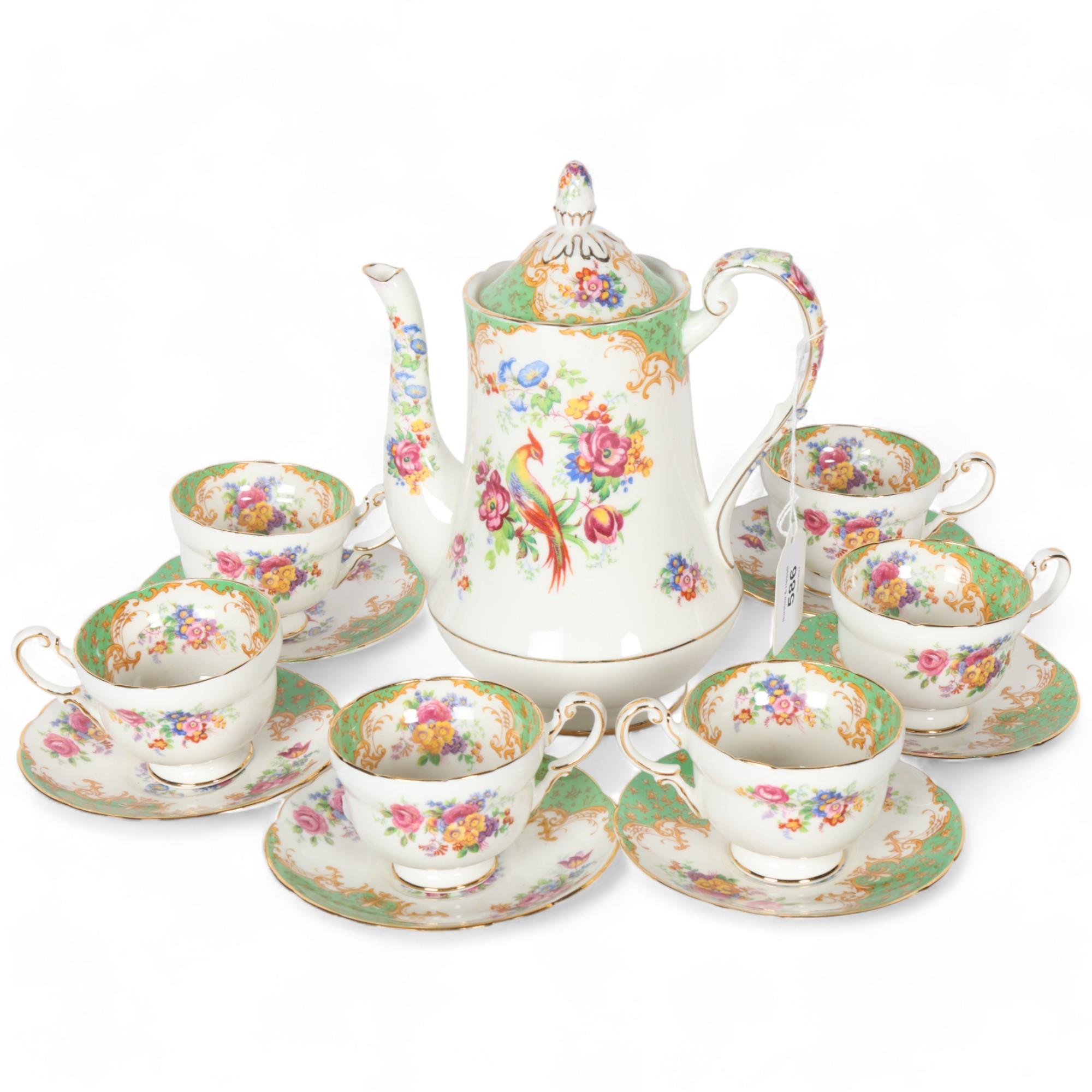 Paragon Rockingham pattern coffee cups and saucers, and matching coffee pot, with floral and bird