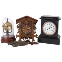 A Black Forest carved cuckoo clock, an 800-day under glass dome, and a Victorian black slate