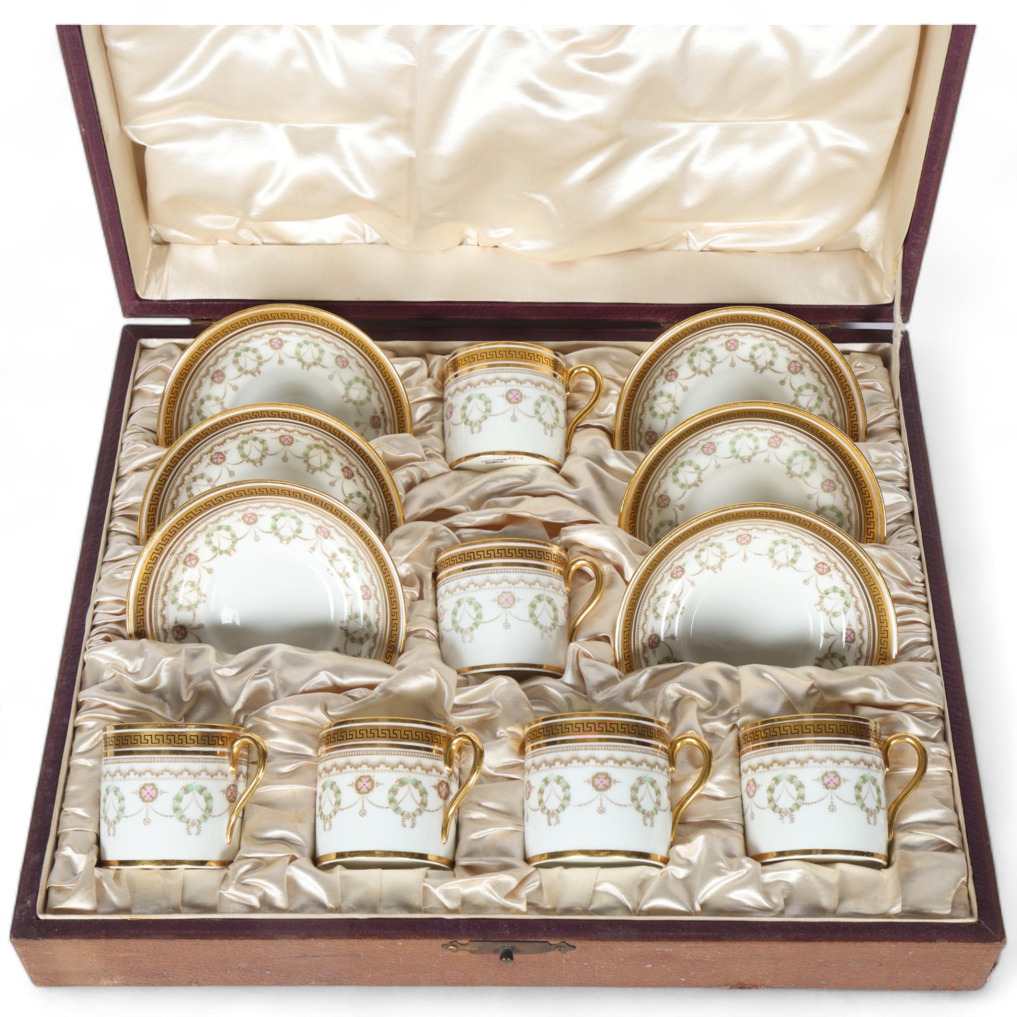 Edwardian Cauldon china presentation set of 6 coffee cans and saucers, with wreath decoration and