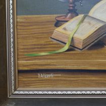 F Alberti, oil on canvas, still life, a book laid on table, 65cm x 75cm overall, framed