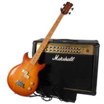 A Hondo Professional II electric base 4-string guitar, serial no. 0020124, and a Marshall Advanced