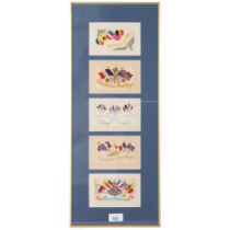 A framed set of 5 First World War embroidered postcards, 61cm x 24.5cm overall