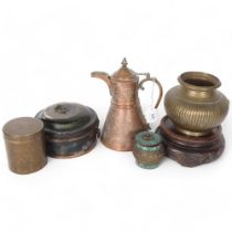 A Cairo Ware style Dallah coffee pot, H22.5cm, a brass ribbed vase, a Tibetan style inlaid turquoise