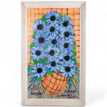 Royston Du Maurier Lebek, oil on board, study of blue daisies in a vase, in painted wooden frame,