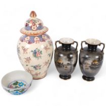 A pair of Staffordshire chinoiserie vases, Oriental armorial jar and cover, H47cm, and an Indian