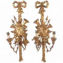 A pair of modern giltwood wall sconce light fittings, each has 2 gilt-metal branches for