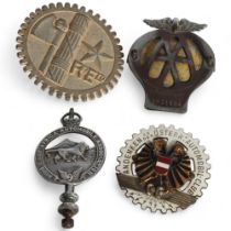 A group of 4 motoring car badges, including a Vintage AA car badge number OH31894, a World War II