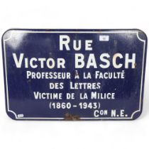 An early 20th century French blue and white enamel sign, "Rue Victor Basca" Professeur A La Faculte,