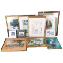 Large framed pastels study of a cat, 57cm x 75cm, Russell Flint print, and various other pictures (