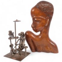 A modern hardwood Tribal bust of a lady, H34cm, and a small brutalist style sculpture using nuts and