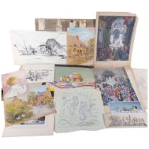 A folder of unframed watercolours, sketches etc