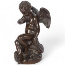 A patinated bronze sculpture, study of a seated figure Cupid, with quiver of arrows, H22cm Good