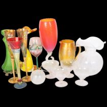 A pair of gilded and enamelled Venetian glasses, 30.5cm, Art glass duck, etc