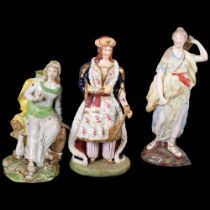 A group of 3 Staffordshire figures, including a Pearlware figure of a widow, flanked by oil and