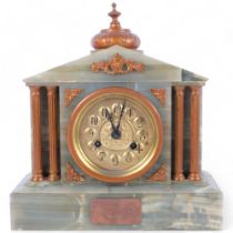 A green onyx and gilt-metal architectural style mantel clock, H36cm