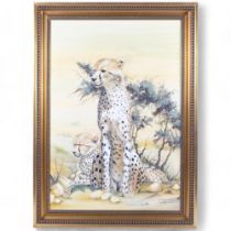 A large oil on canvas, depicting a pair of cheetahs with landscape background, signed bottom