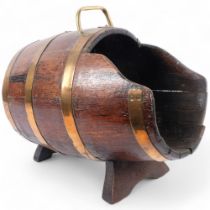 Antique brass-bound coopered oak barrel converted to a coal scuttle, L40cm